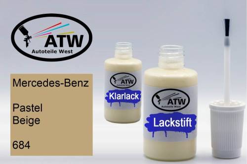 Mercedes-Benz, Pastel Beige, 684: 20ml Lackstift + 20ml Klarlack - Set, von ATW Autoteile West.